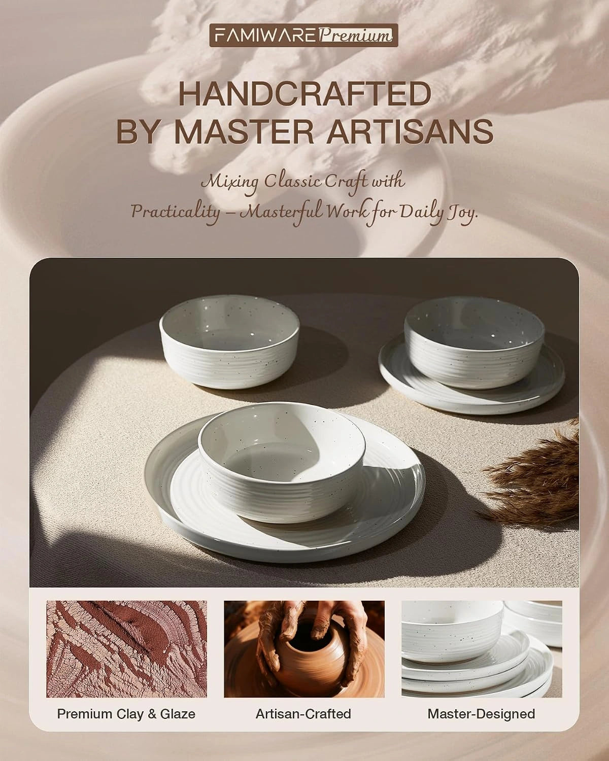 Famiware Ripple 12-Piece Stoneware Dinnerware Set - White - 06