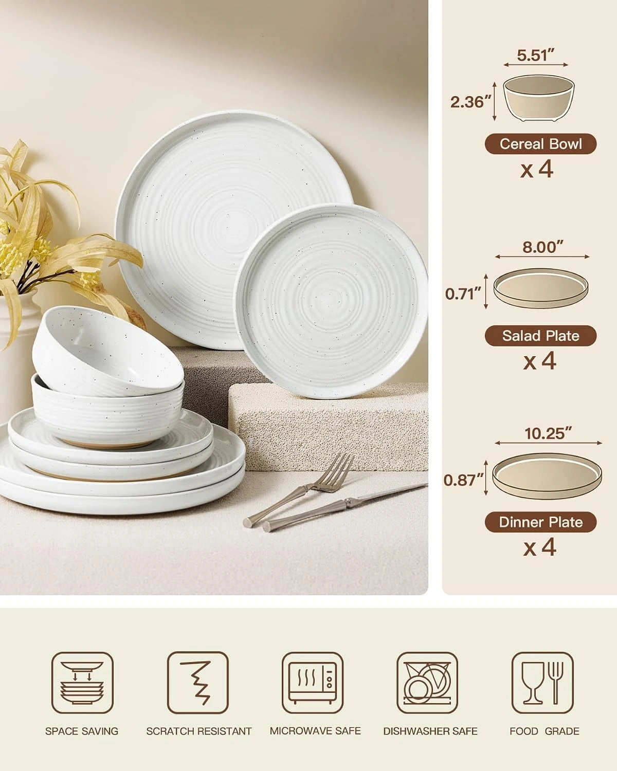 Famiware Ripple 12-Piece Stoneware Dinnerware Set - White - 07