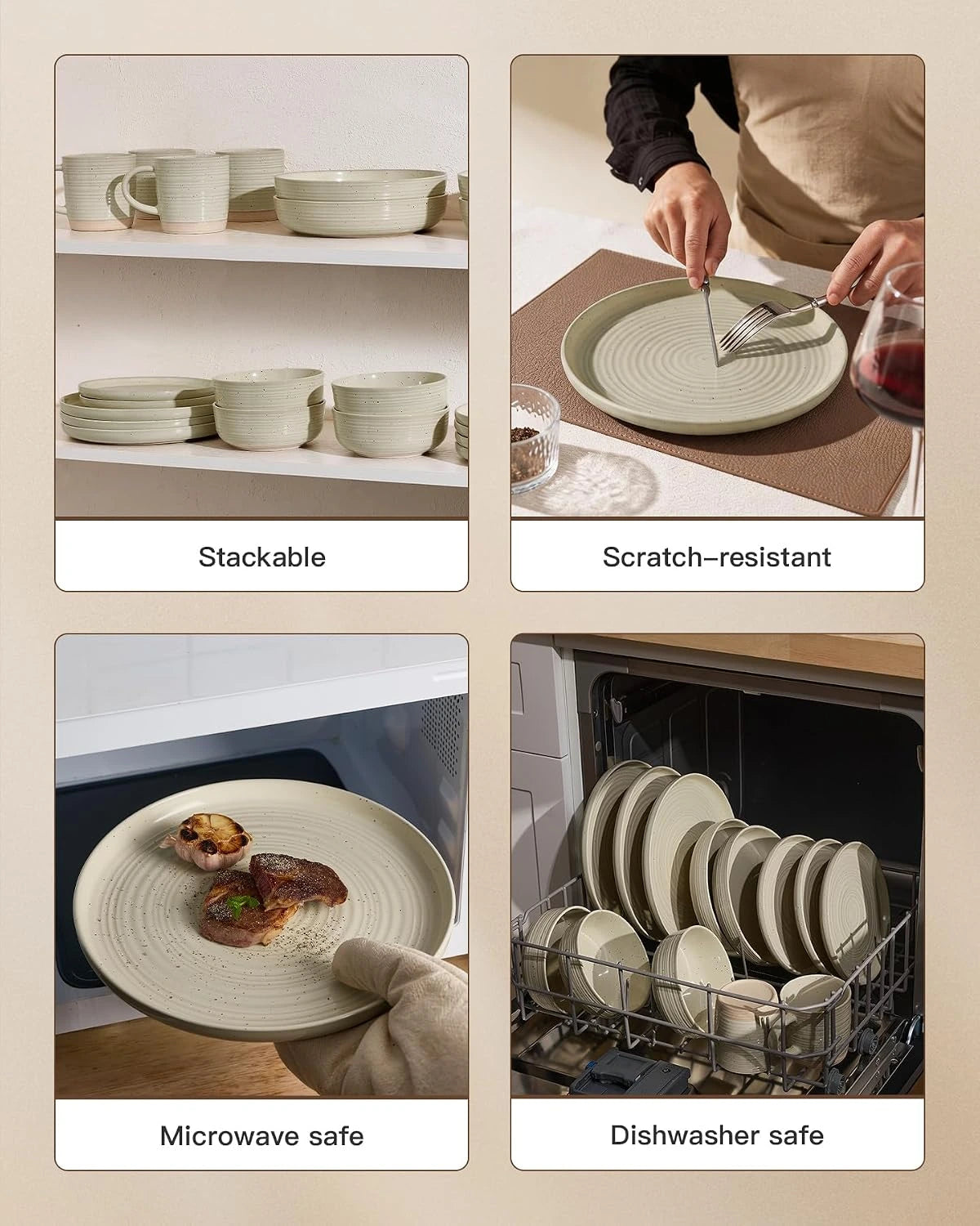 Famiware Ripple 12-Piece Stoneware Dinnerware Set - White Honey - 04