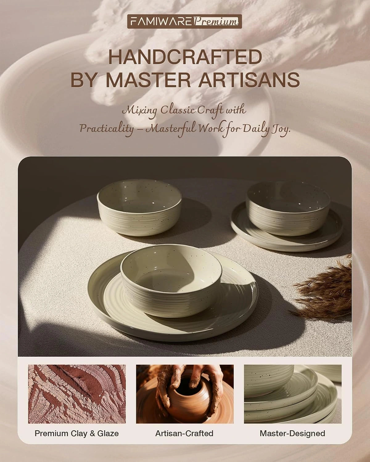 Famiware Ripple 12-Piece Stoneware Dinnerware Set - White Honey - 05