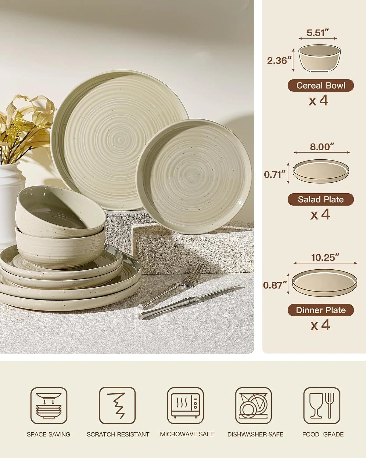 Famiware Ripple 12-Piece Stoneware Dinnerware Set - White Honey - 06