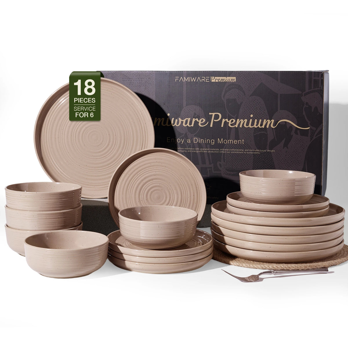 Famiware Ripple 18-Piece Stoneware Dinnerware Set - Brown - 01