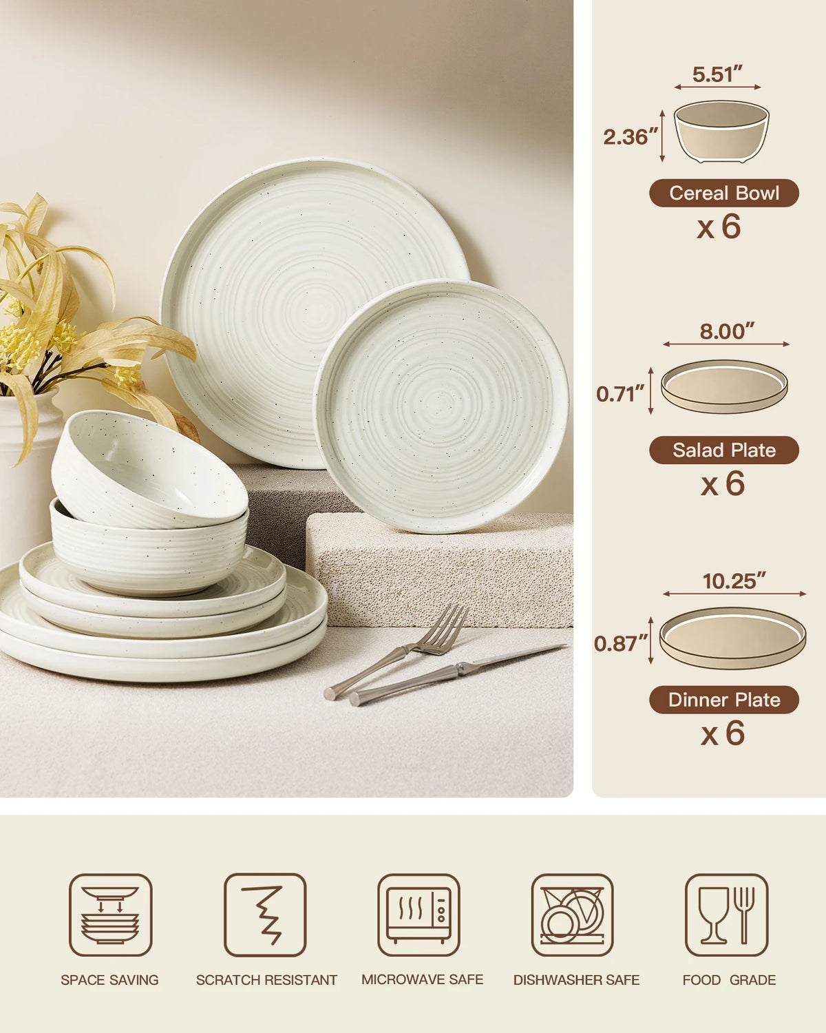 Famiware Ripple 18-Piece Stoneware Dinnerware Set - Cream - 07