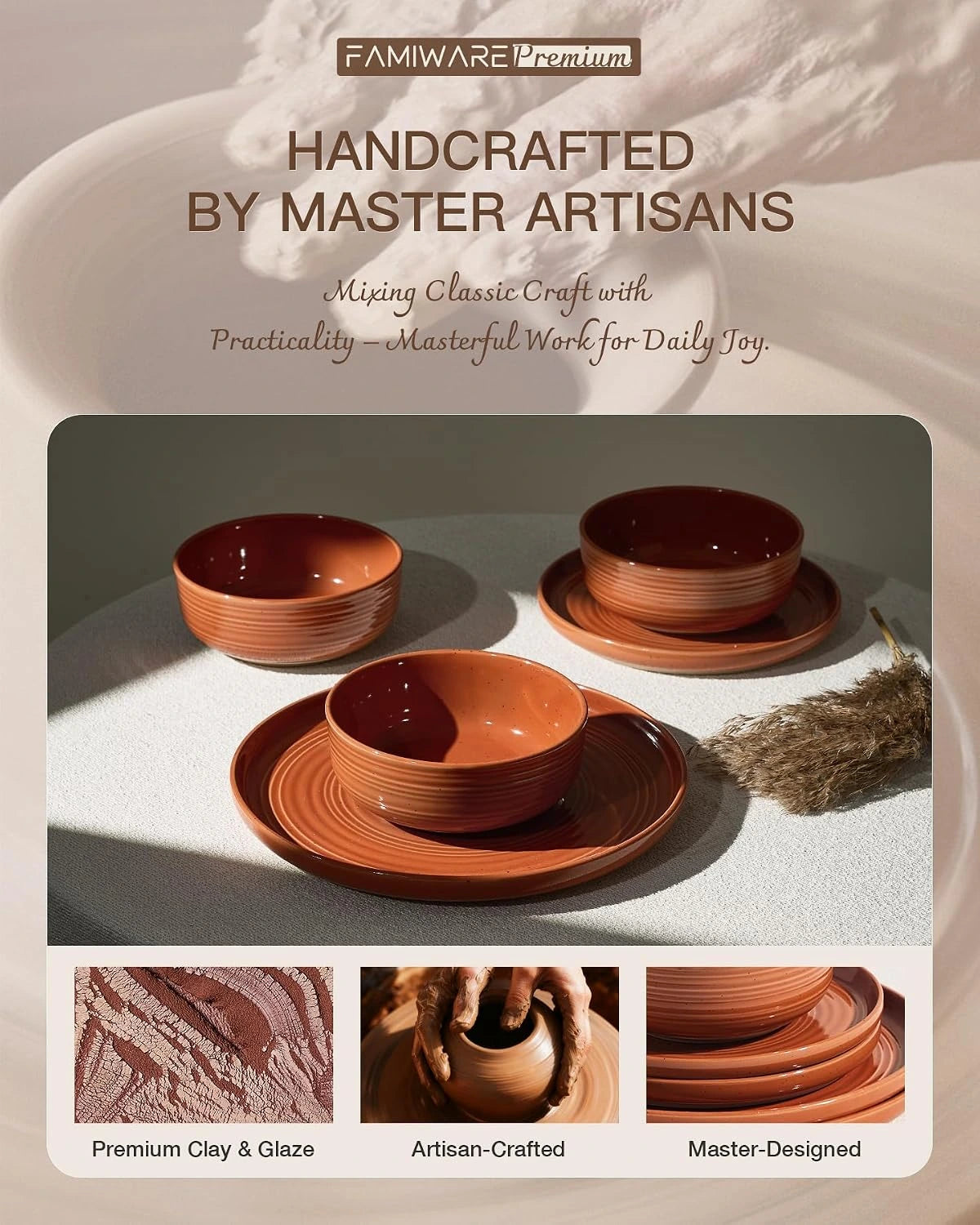 Famiware Ripple 18-Piece Stoneware Dinnerware Set - Terracotta - 05