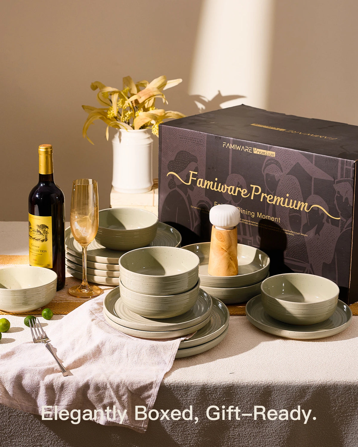 Famiware Ripple 18-Piece Stoneware Dinnerware Set - White Honey - 08