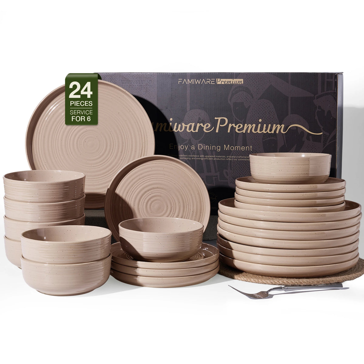 Famiware Ripple 24-Piece Stoneware Dinnerware Set - Cinnamon Brown - 01