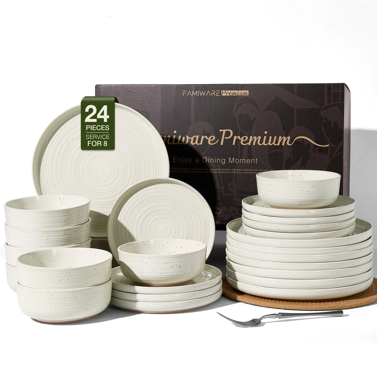 Famiware Ripple 24-Piece Stoneware Dinnerware Set - Cream - 01