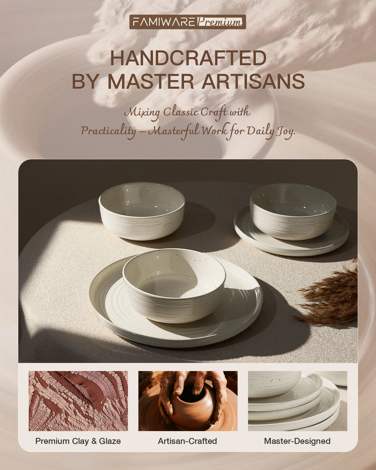 Famiware Ripple 24-Piece Stoneware Dinnerware Set - Cream - 06