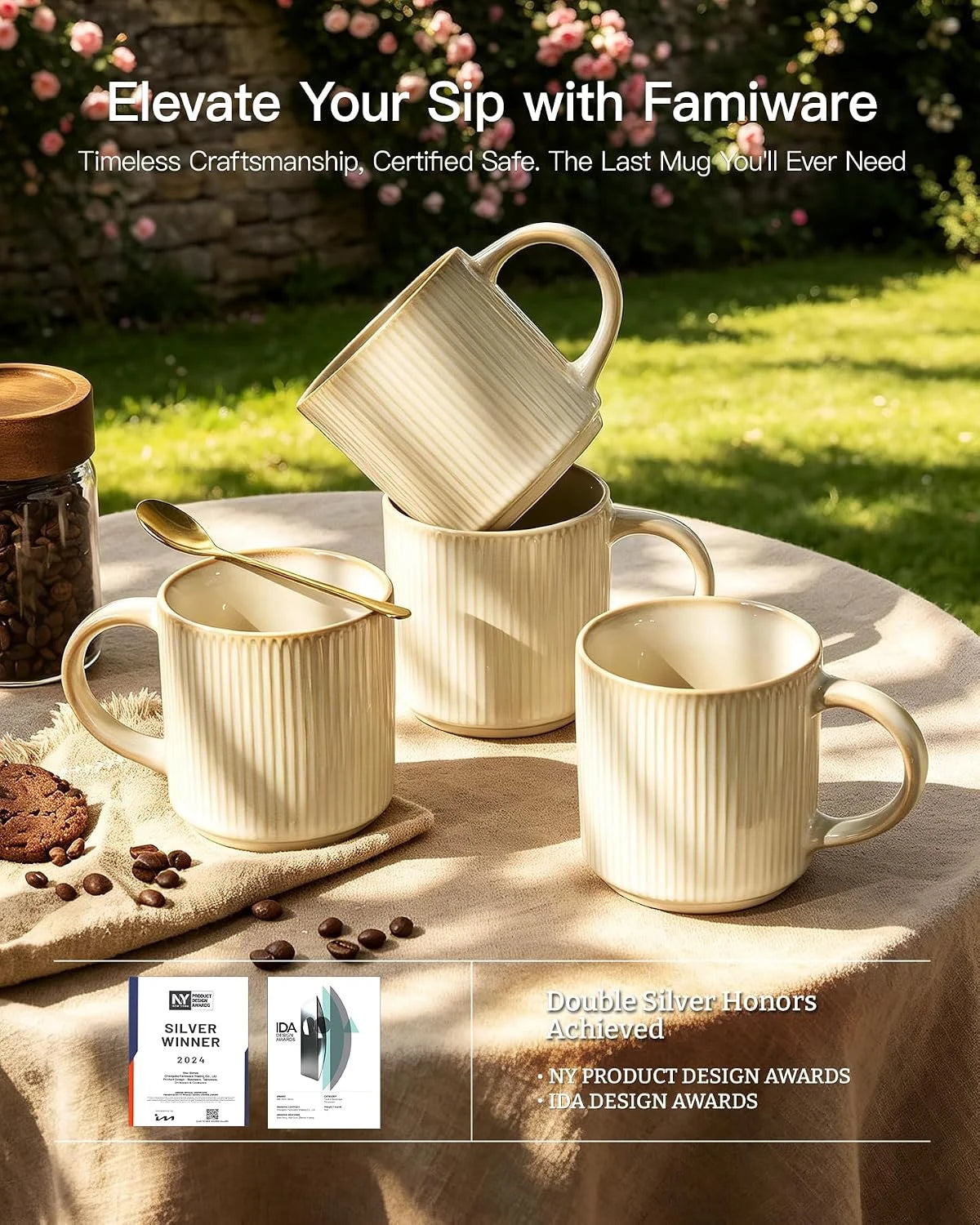 Famiware Star Line Ceramic Coffee Mugs, Set of 4 - Vanilla White - image 7