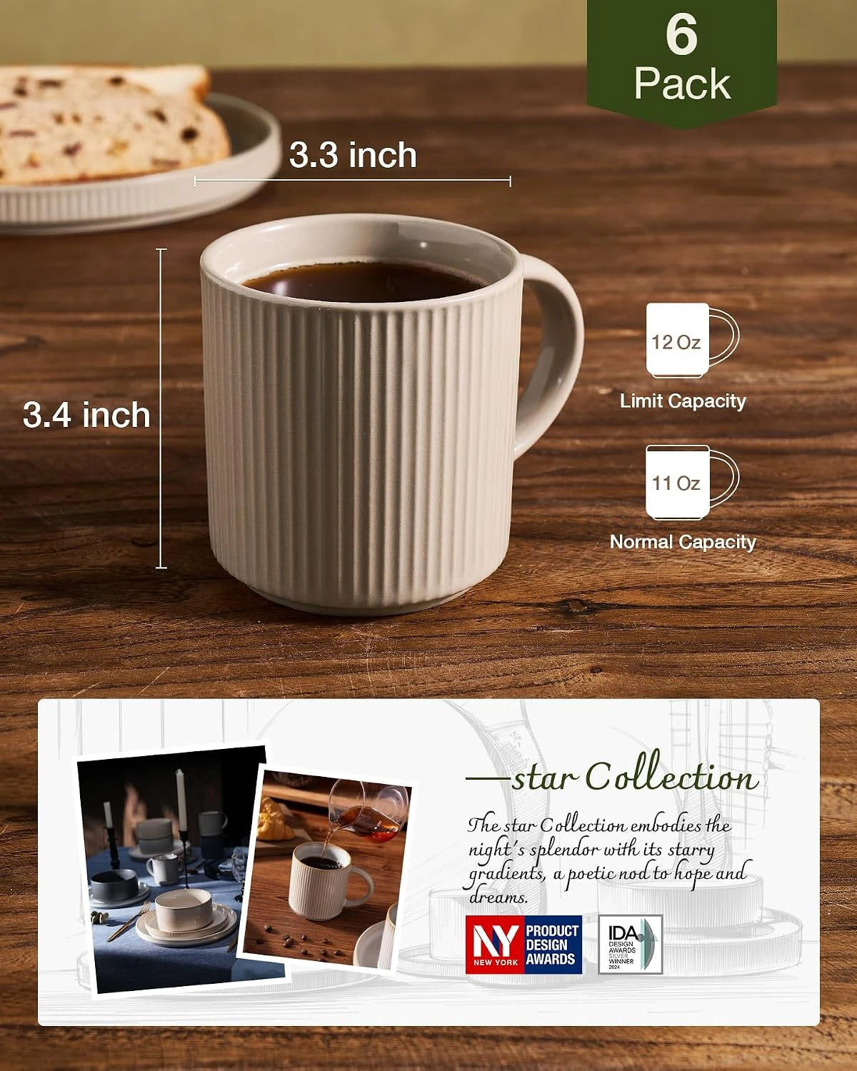 Famiware Star Line Ceramic Coffee Mugs, Set of 6 - Cinnamon Brown - image 5