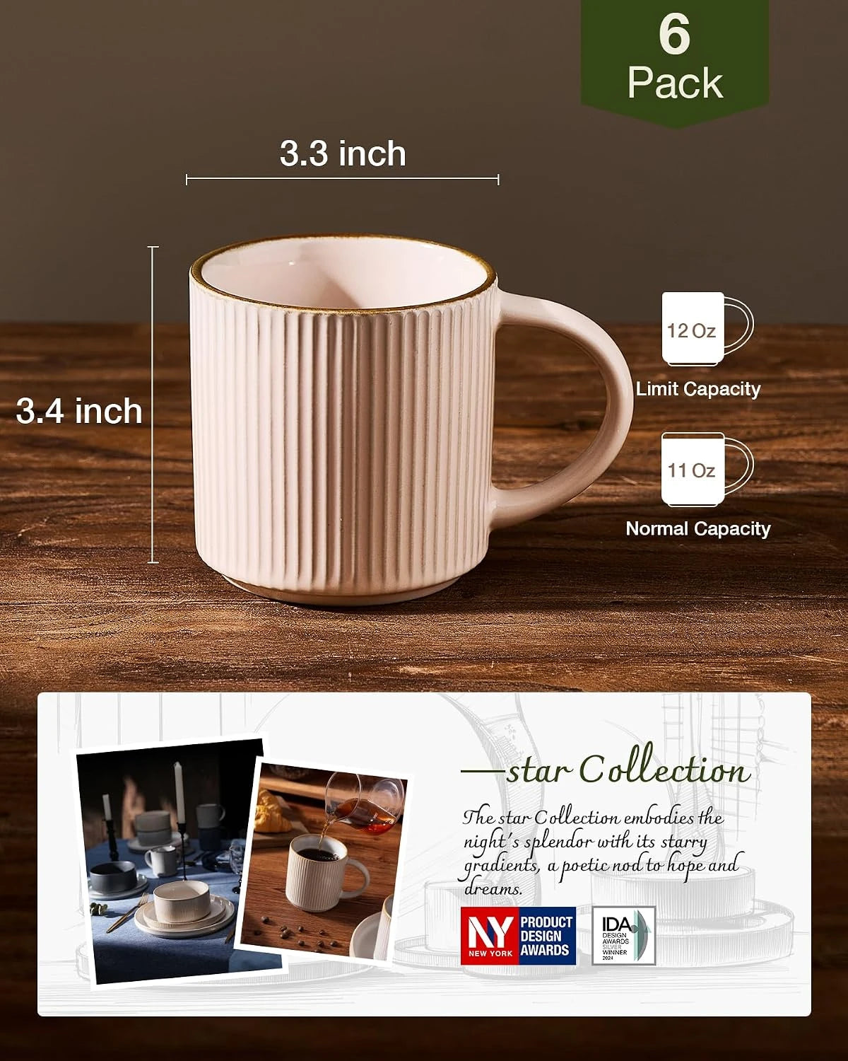 Famiware Star Line Ceramic Coffee Mugs, Set of 6 - Light Pink - image 4