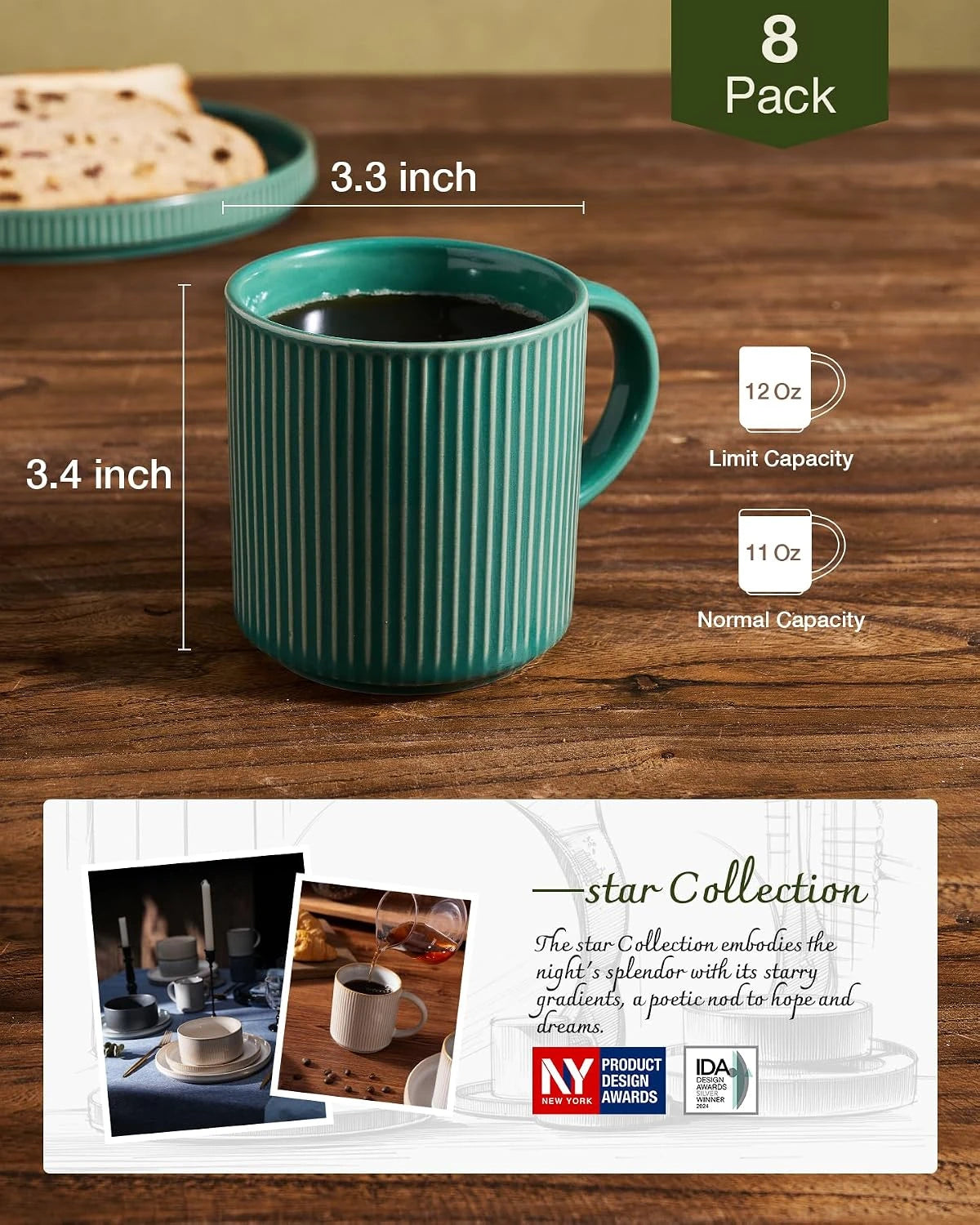 Famiware Star Line Ceramic Coffee Mugs, Set of 8 - Sage Green - image 5