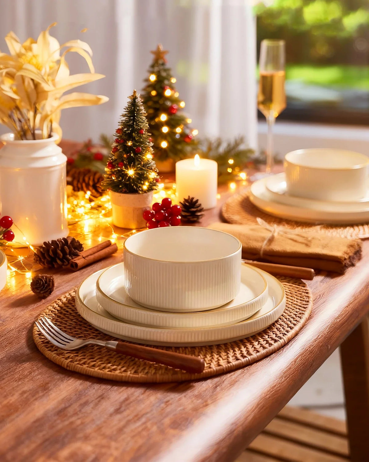 White Famiware dinnerware on a candlelit Christmas table