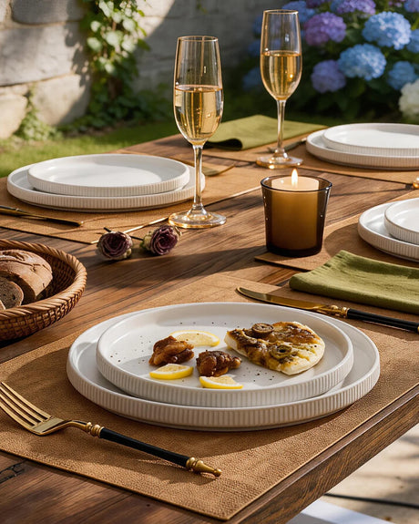 Dinnerware place settings arranged for guests