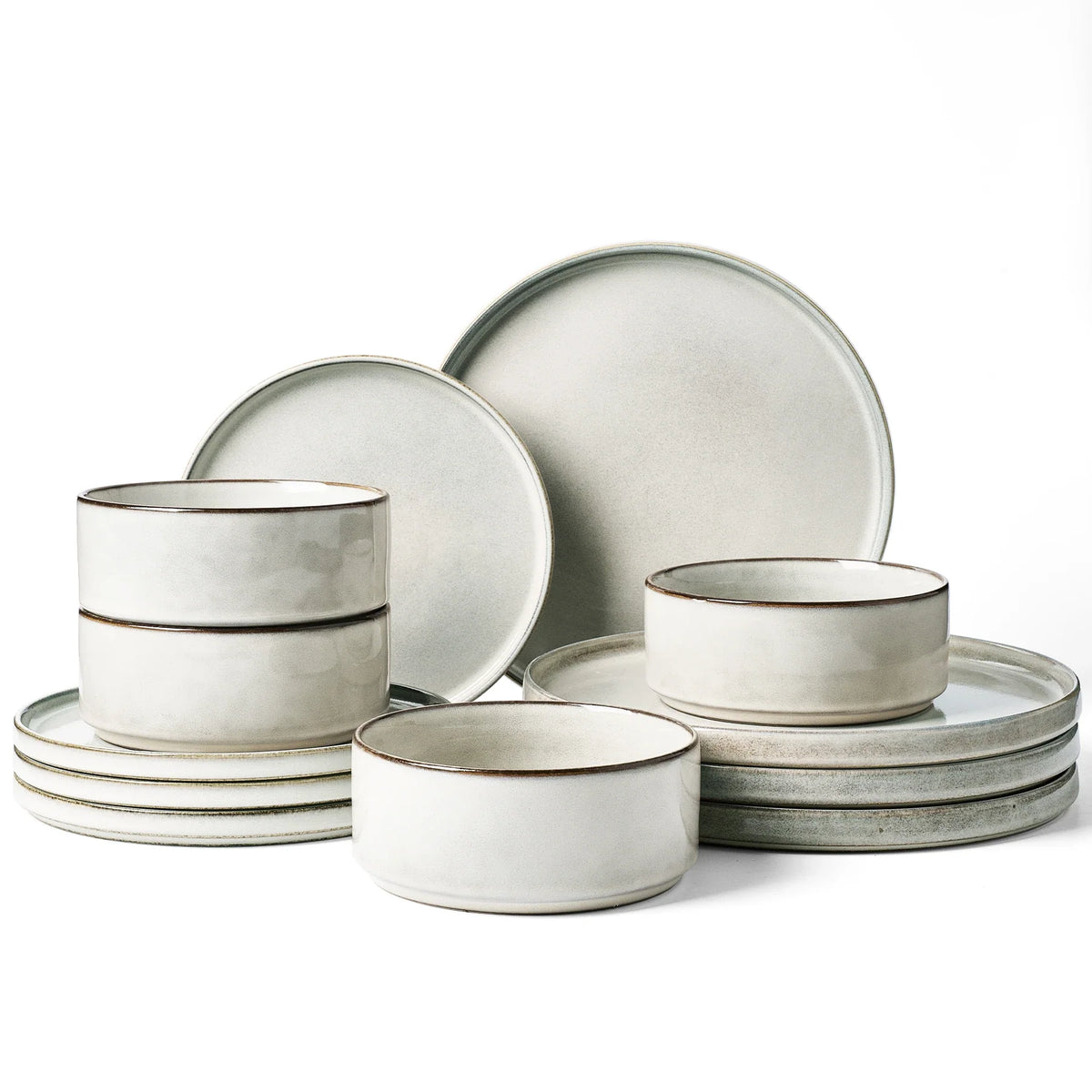 Compact gray-white dinnerware set arranged in neat stacks