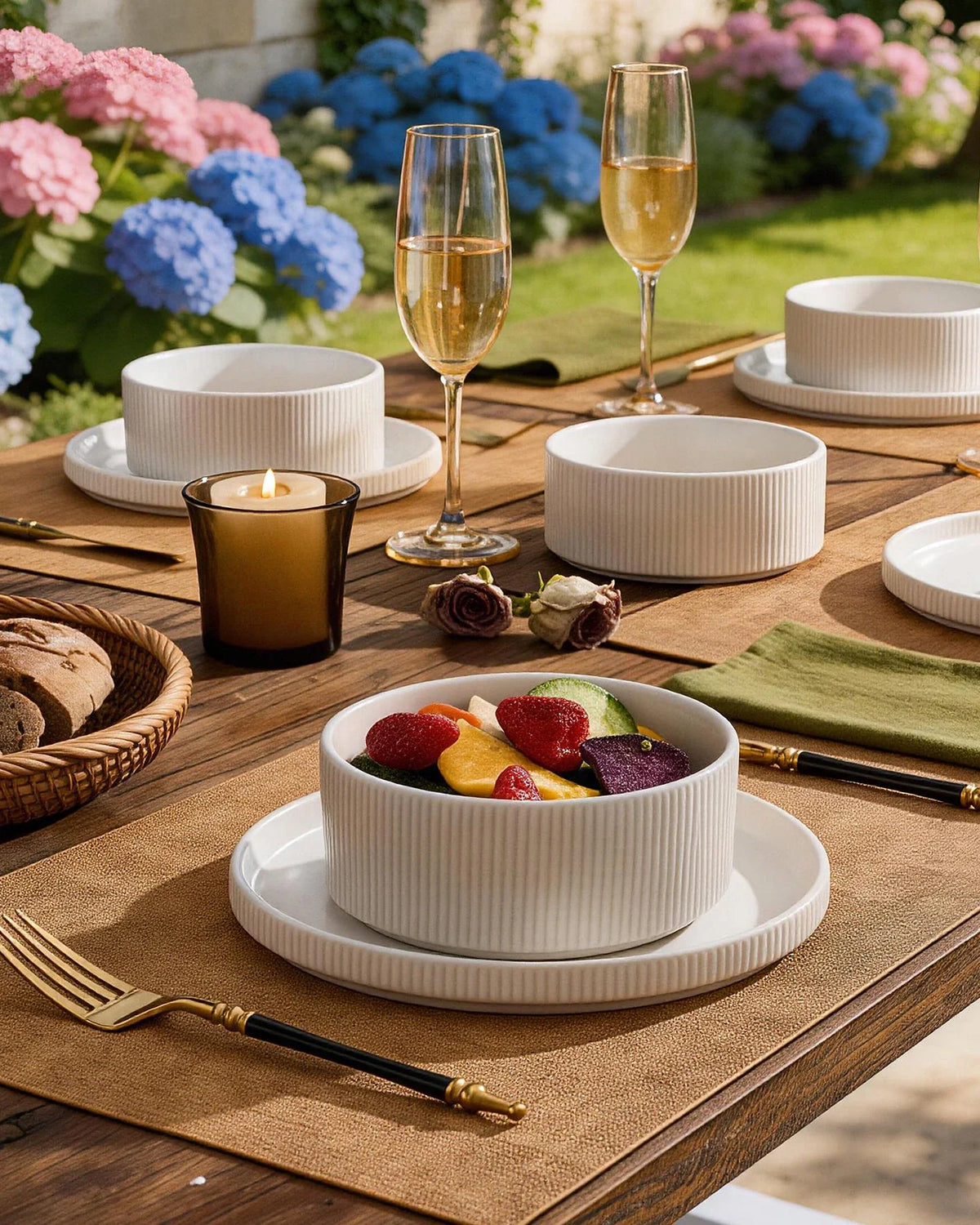 White Famiware dinnerware arranged for an outdoor celebration