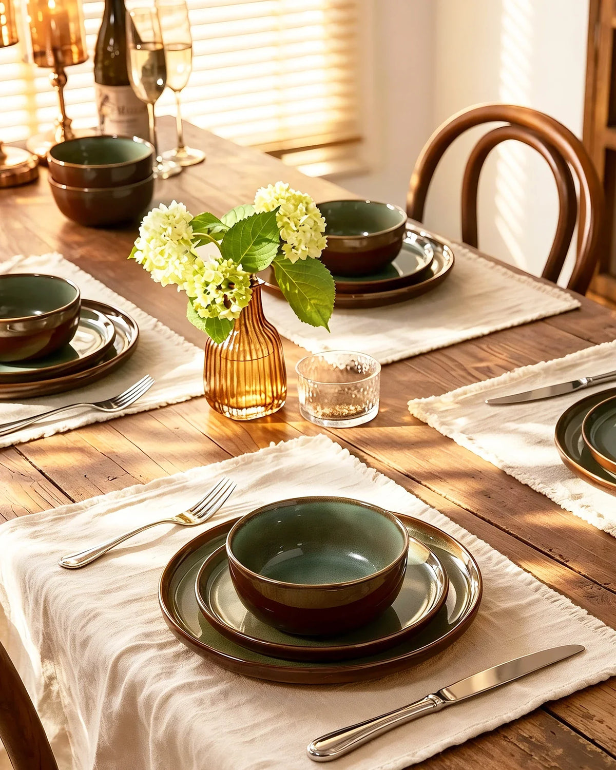 Green and brown Famiware dinnerware on a warm autumn table
