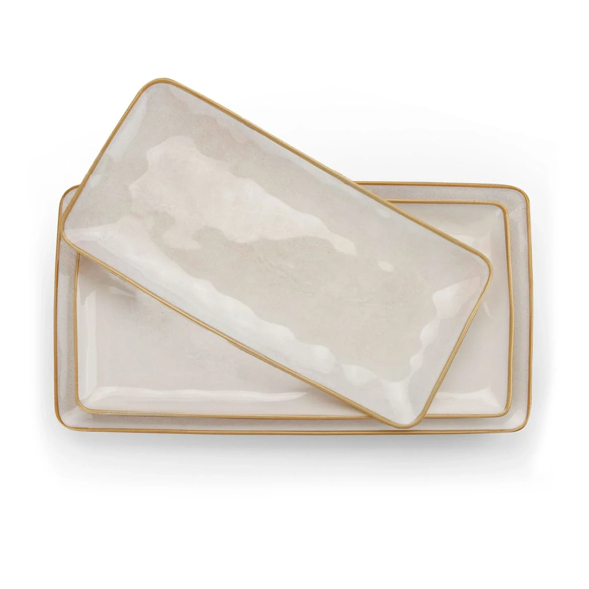 Rectangular cream-colored serving platters with softly rippled surfaces and darker rims