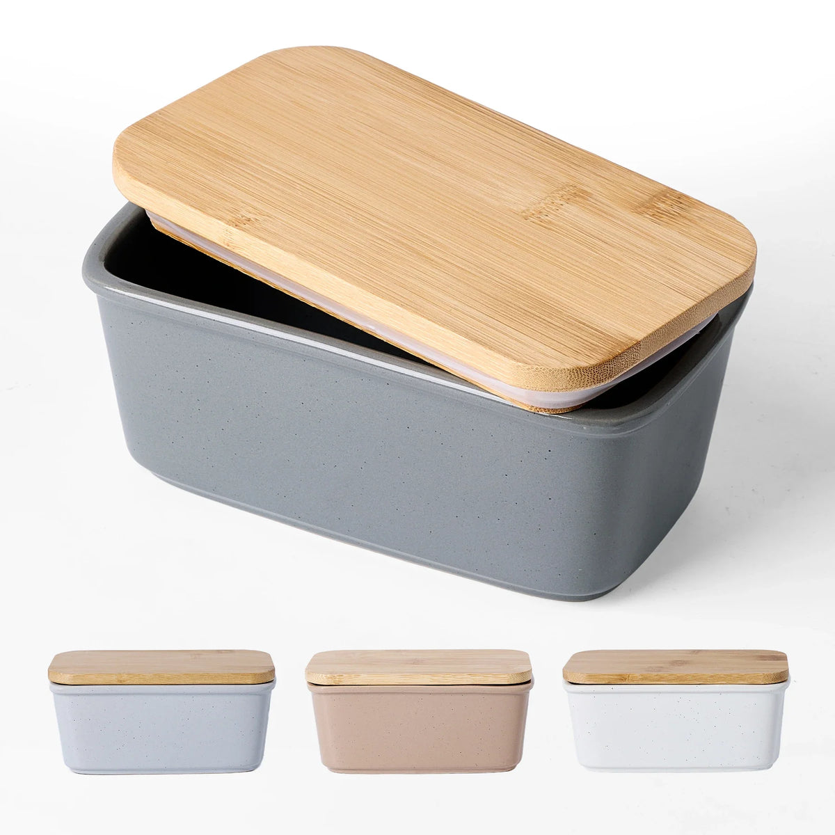 Rectangular gray ceramic butter dish with a bamboo lid