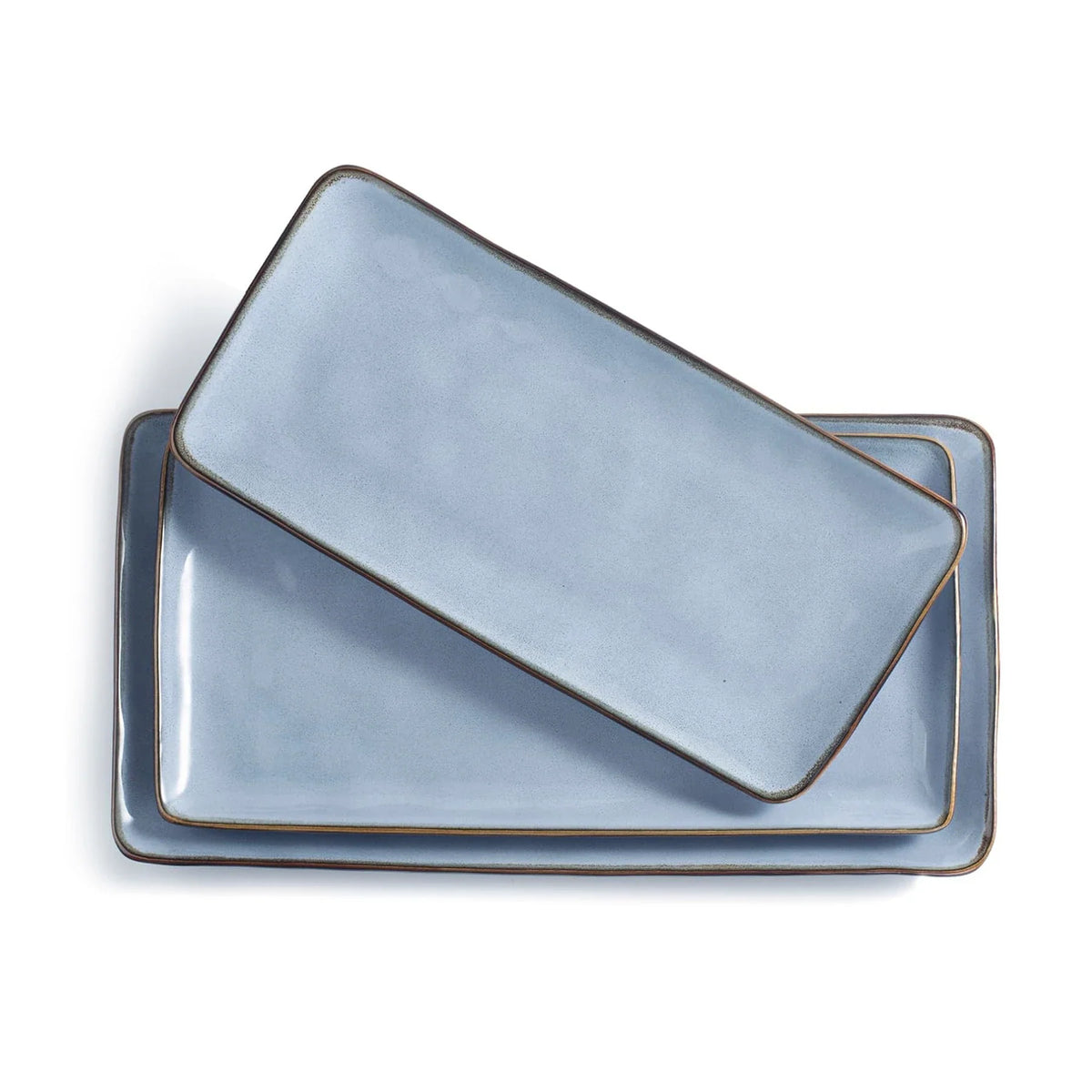 Three blue rectangular ceramic platters with dark edges