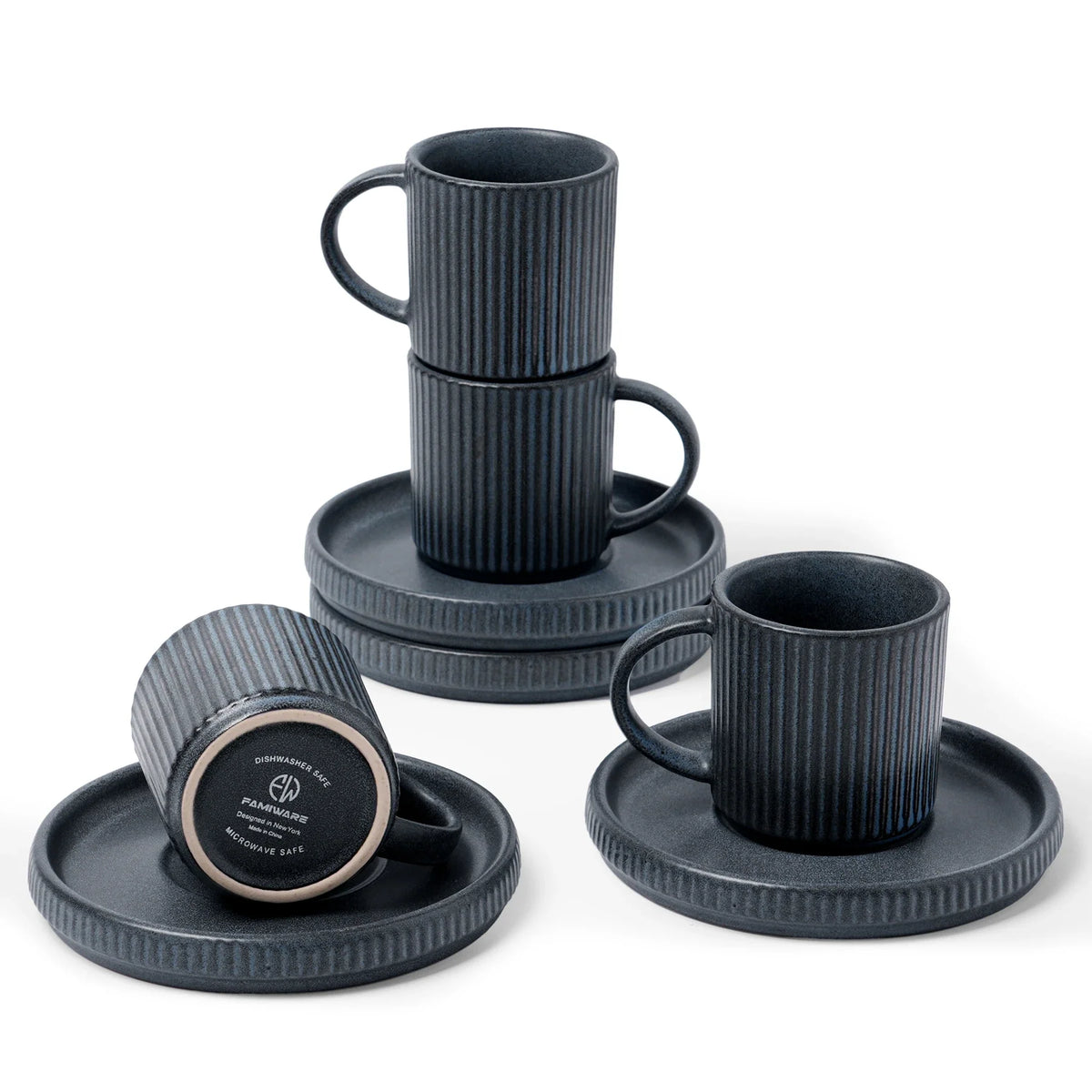Blue ribbed espresso cups with matching saucers