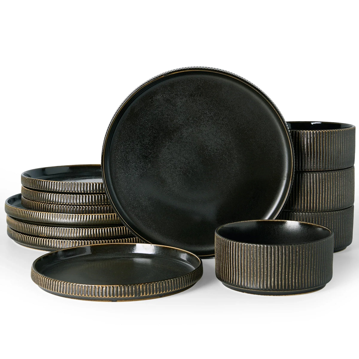 Dark glazed ceramic dinnerware with ribbed edges