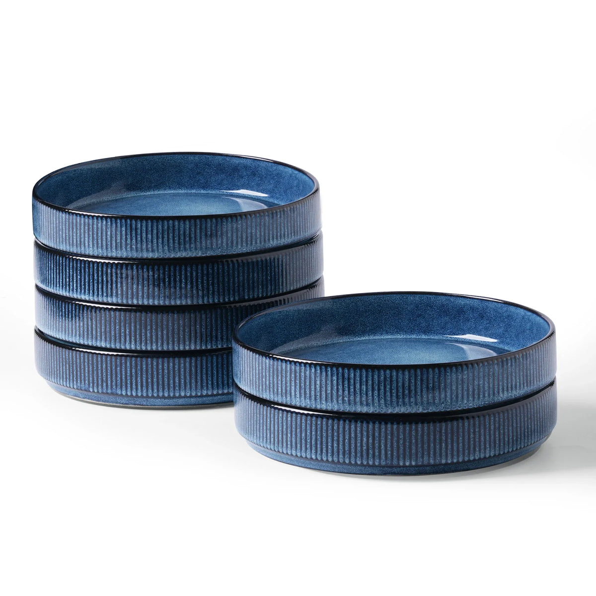 Six blue ribbed everyday bowls, shown as an alternative to small bouillon cups