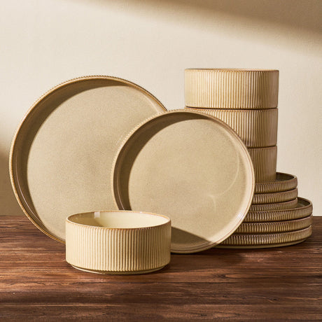 Oatmeal-colored Famiware dinnerware set with coordinated plates and bowls