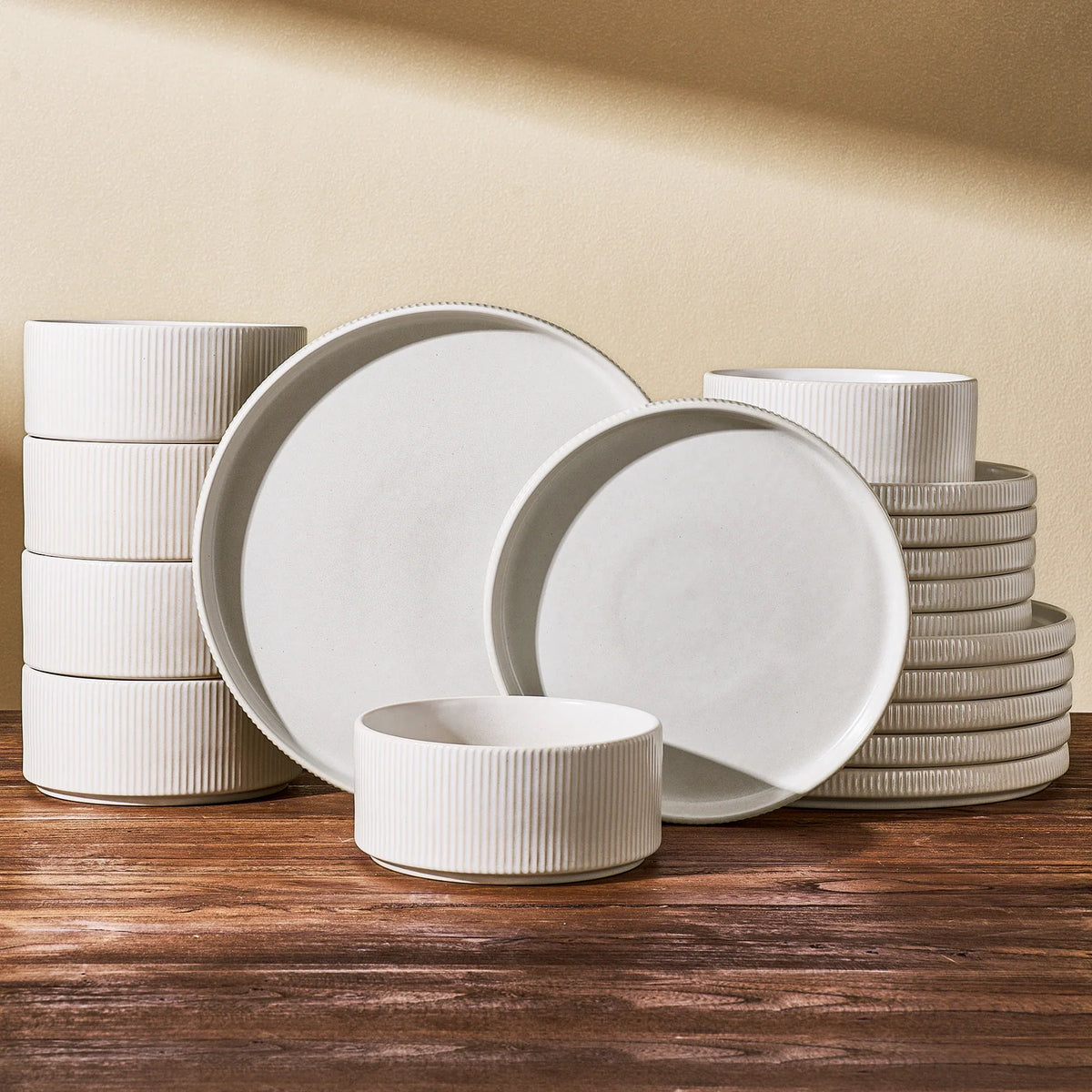 Matte white ribbed Famiware stoneware plates and bowls