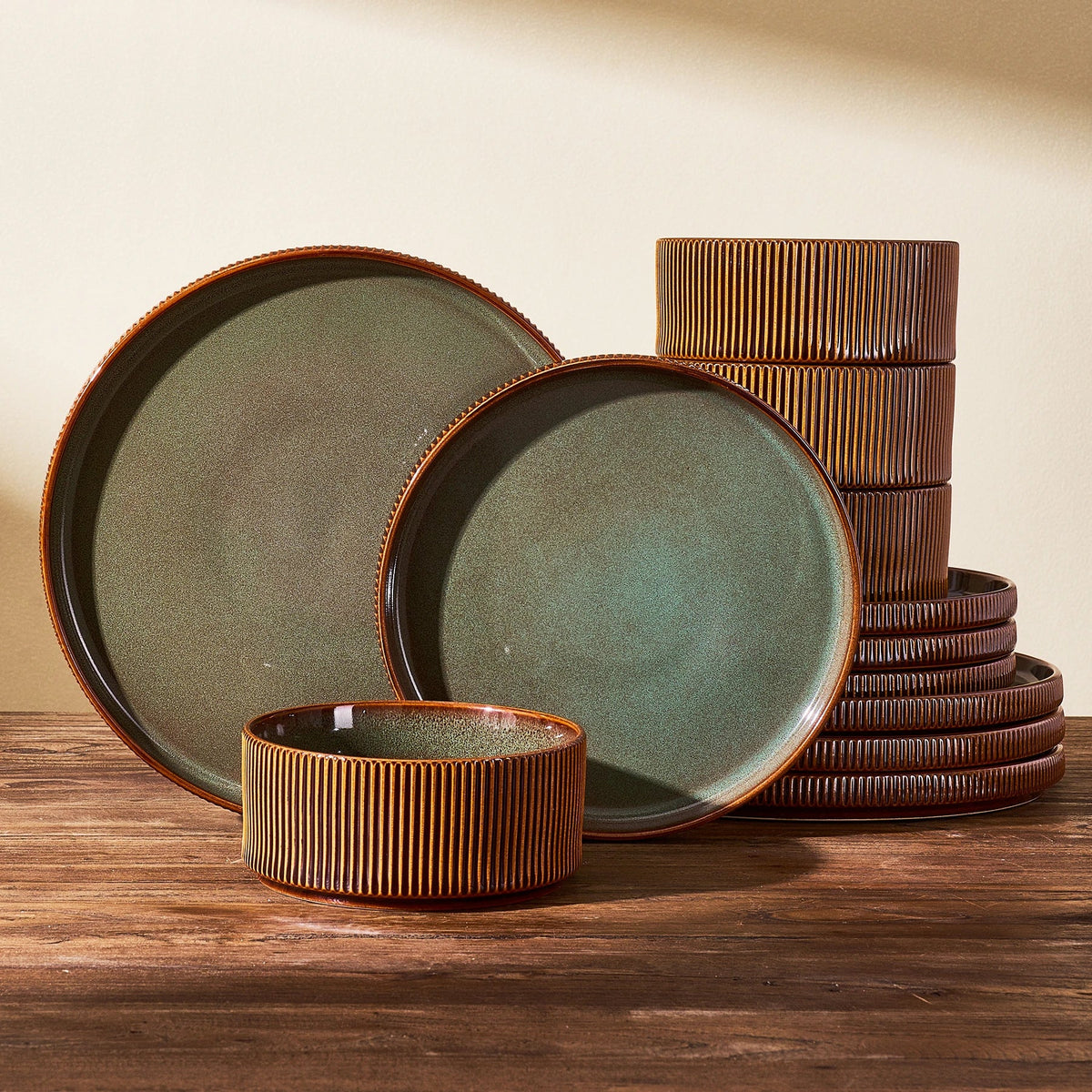 Green and brown Famiware dinnerware mixed in one coordinated set