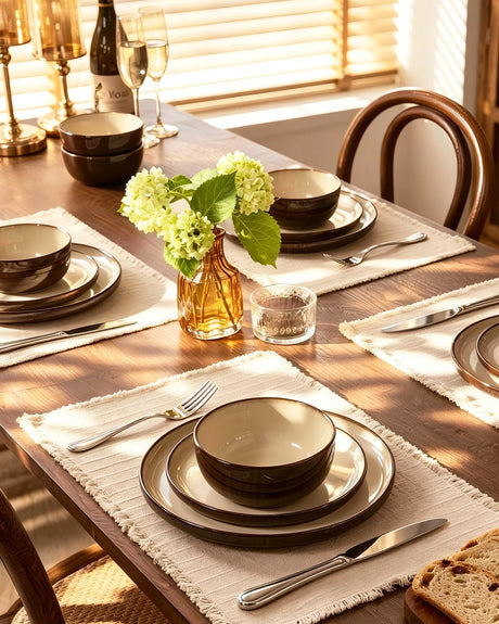 Warm neutral Famiware dinnerware on a farmhouse-inspired table