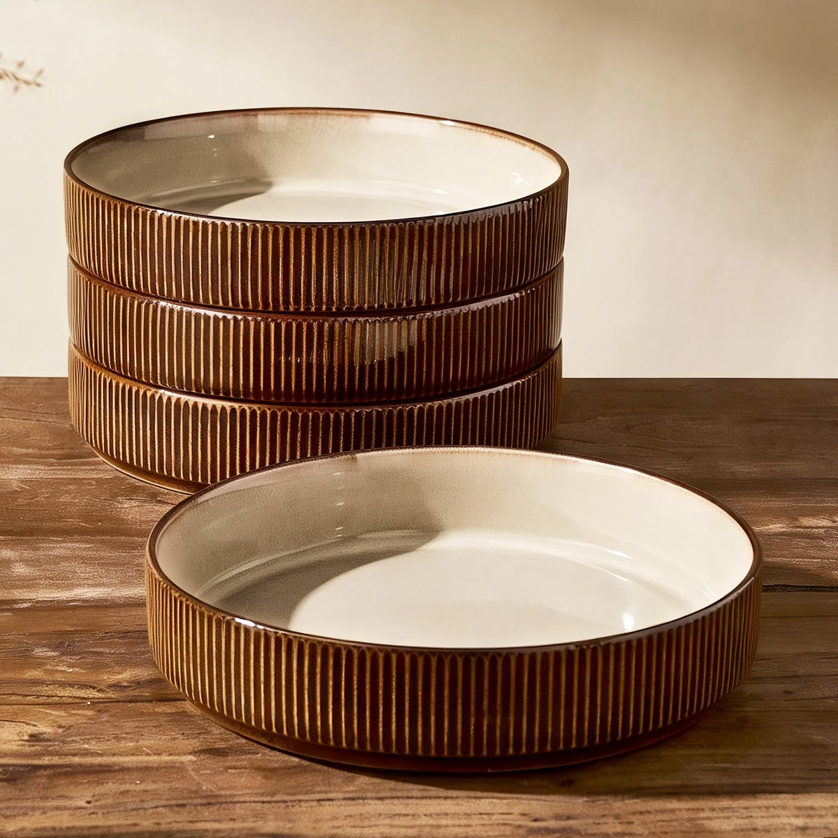 Wide cream and brown ribbed Famiware pasta bowls