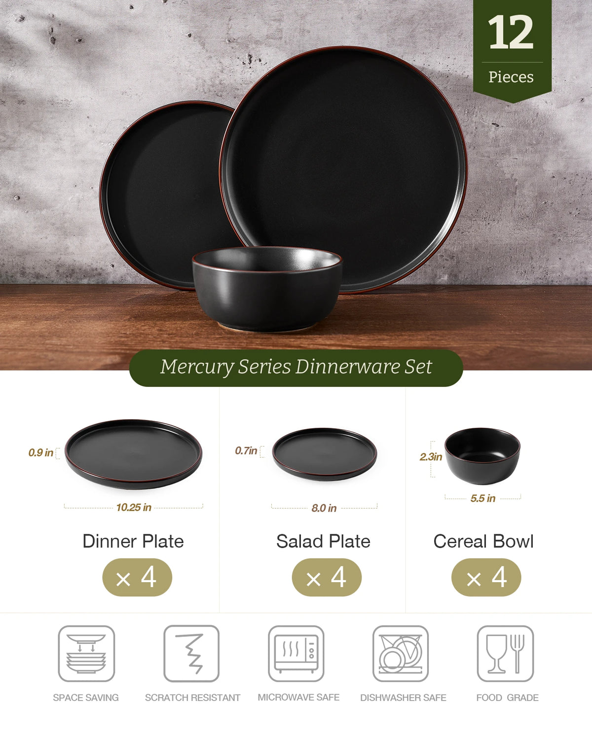 Vajilla de gres Famiware Mercury de 12 piezas, servicio para 4