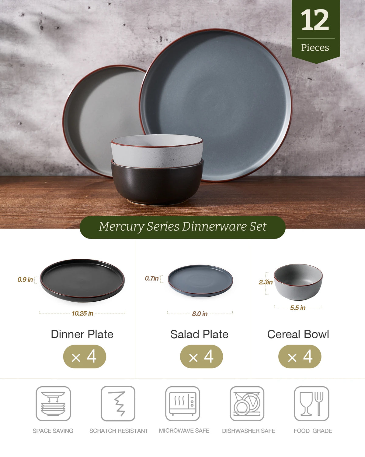 Vajilla de gres Famiware Mercury de 12 piezas, servicio para 4
