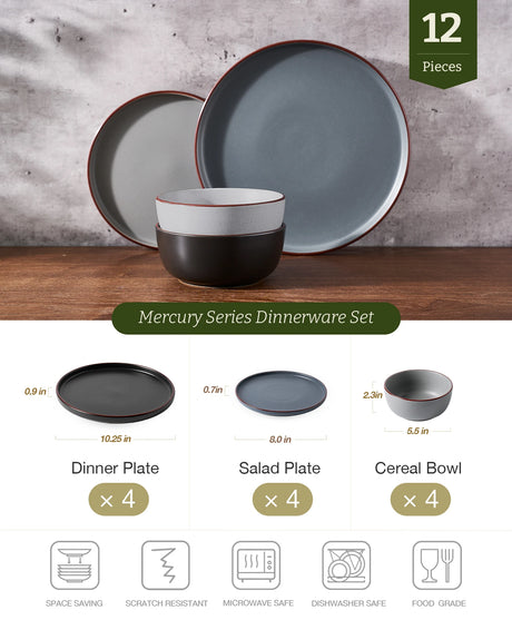Vajilla de gres Famiware Mercury de 12 piezas, servicio para 4