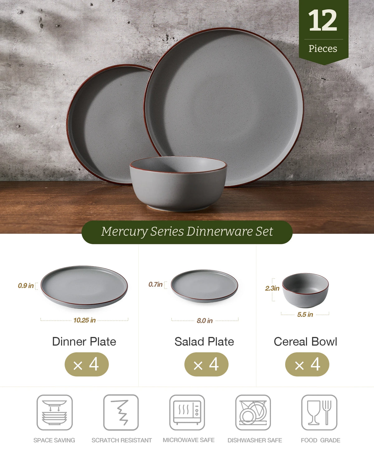 Vajilla de gres Famiware Mercury de 12 piezas, servicio para 4