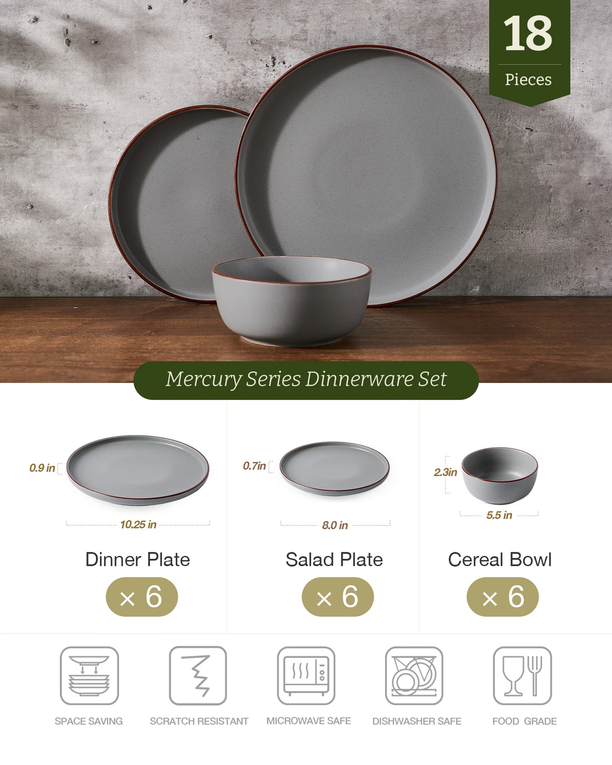 Famiware Mercury 18-Piece Stoneware Dinnerware Set, Service for 6