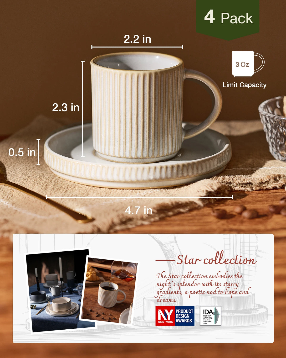 Famiware Star Ceramic Espresso Cups and Saucers, Set of 4