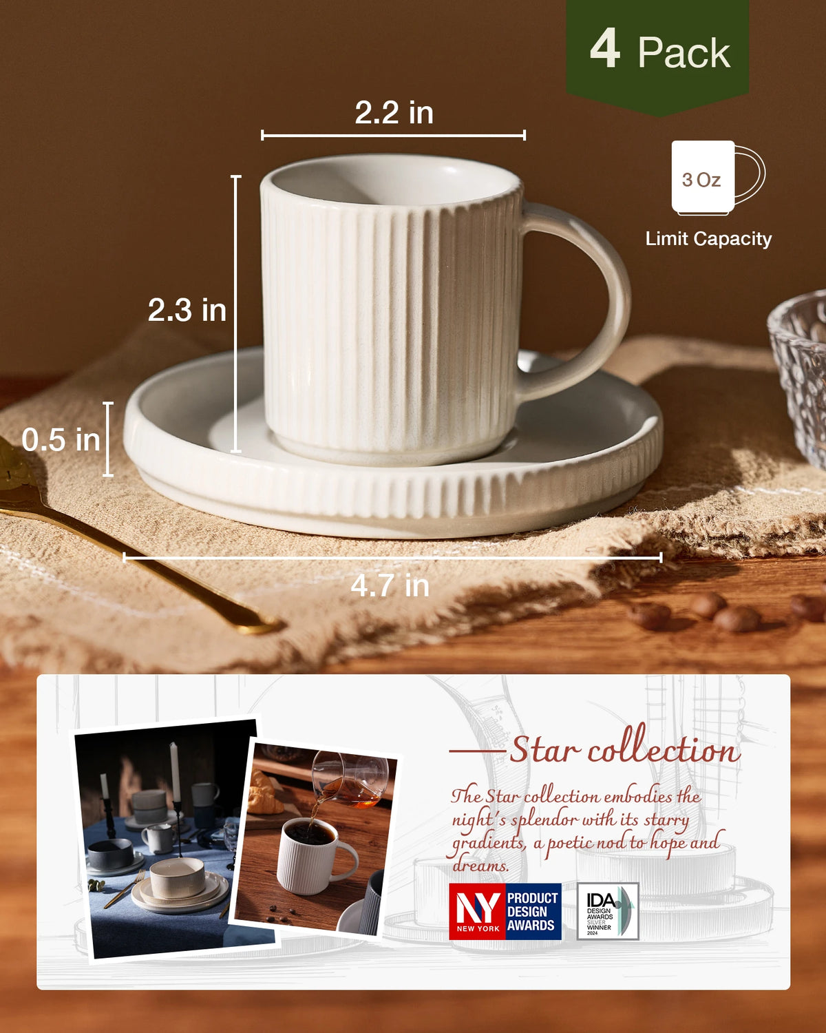 Famiware Star Ceramic Espresso Cups and Saucers, Set of 4