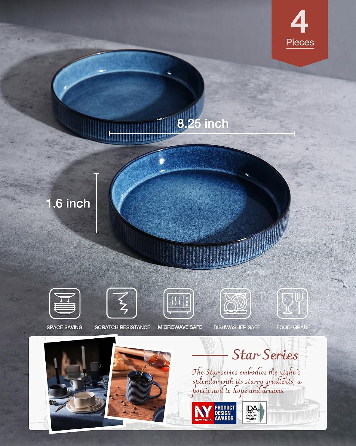 Famiware Star 8.25-Inch Ceramic Pasta Bowls, Set of 4