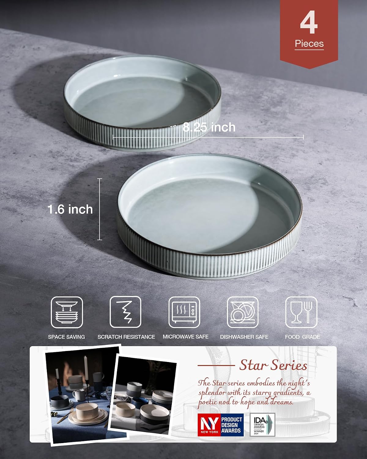 Famiware Star 8.25-Inch Ceramic Pasta Bowls, Set of 4