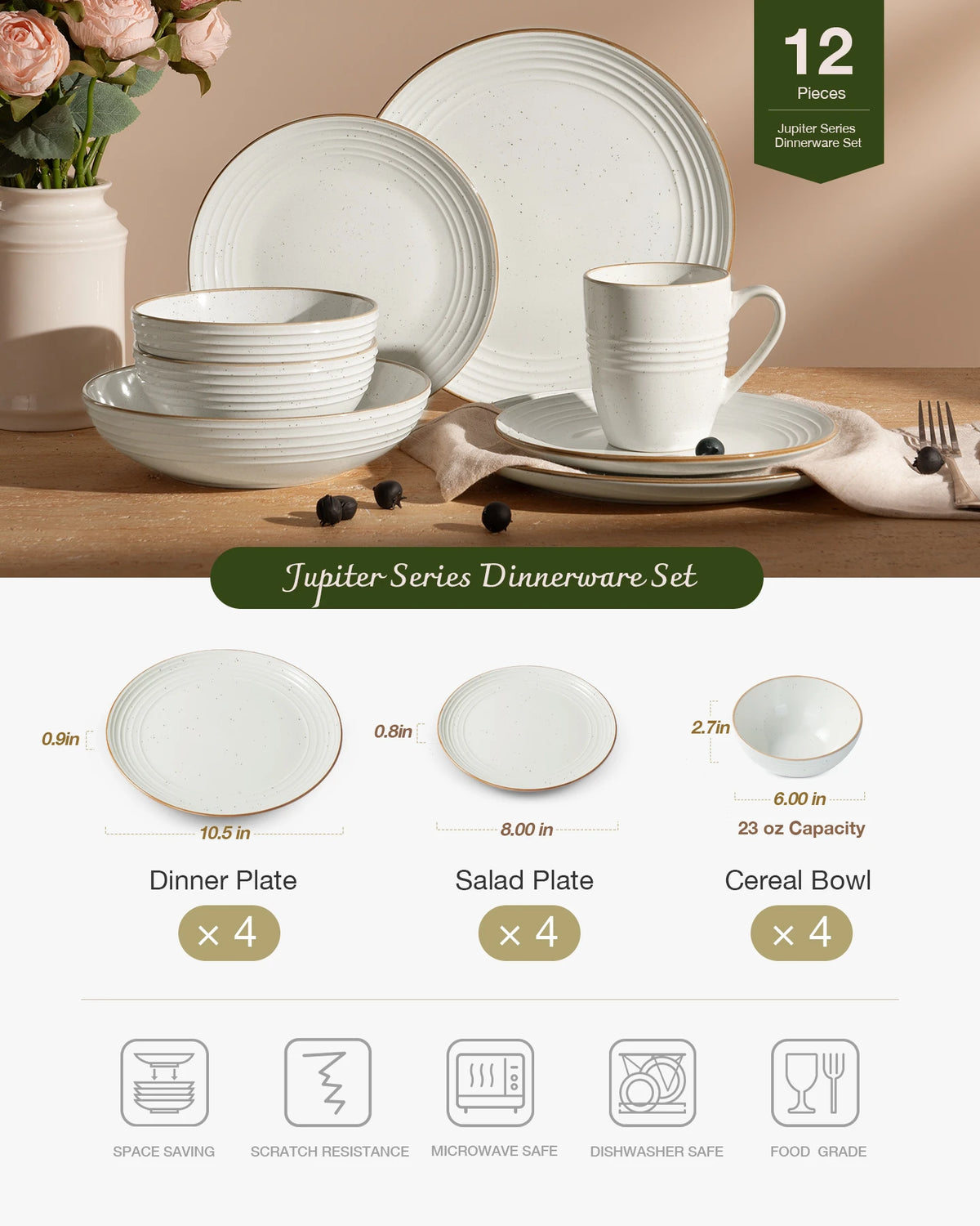 Vajilla Famiware Jupiter de gres de 12 piezas, servicio para 4 personas