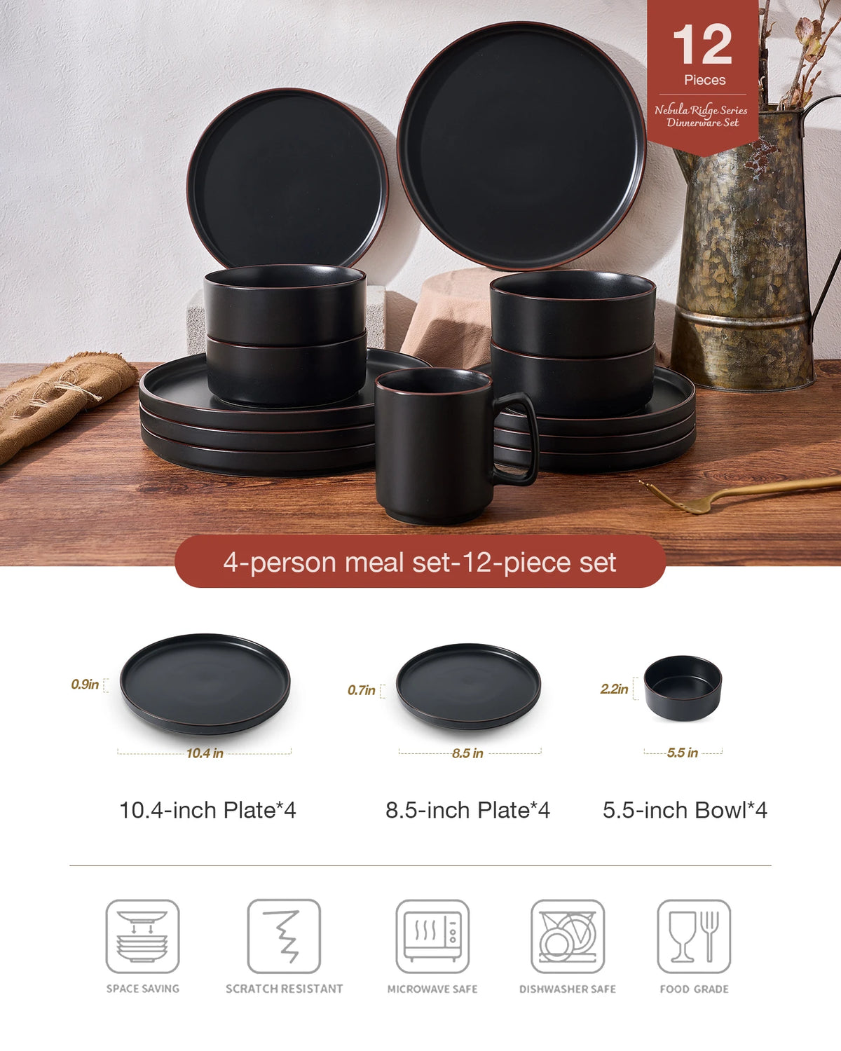Famiware Nebula Ridge 12-Piece Stoneware Dinnerware Set, Service for 4