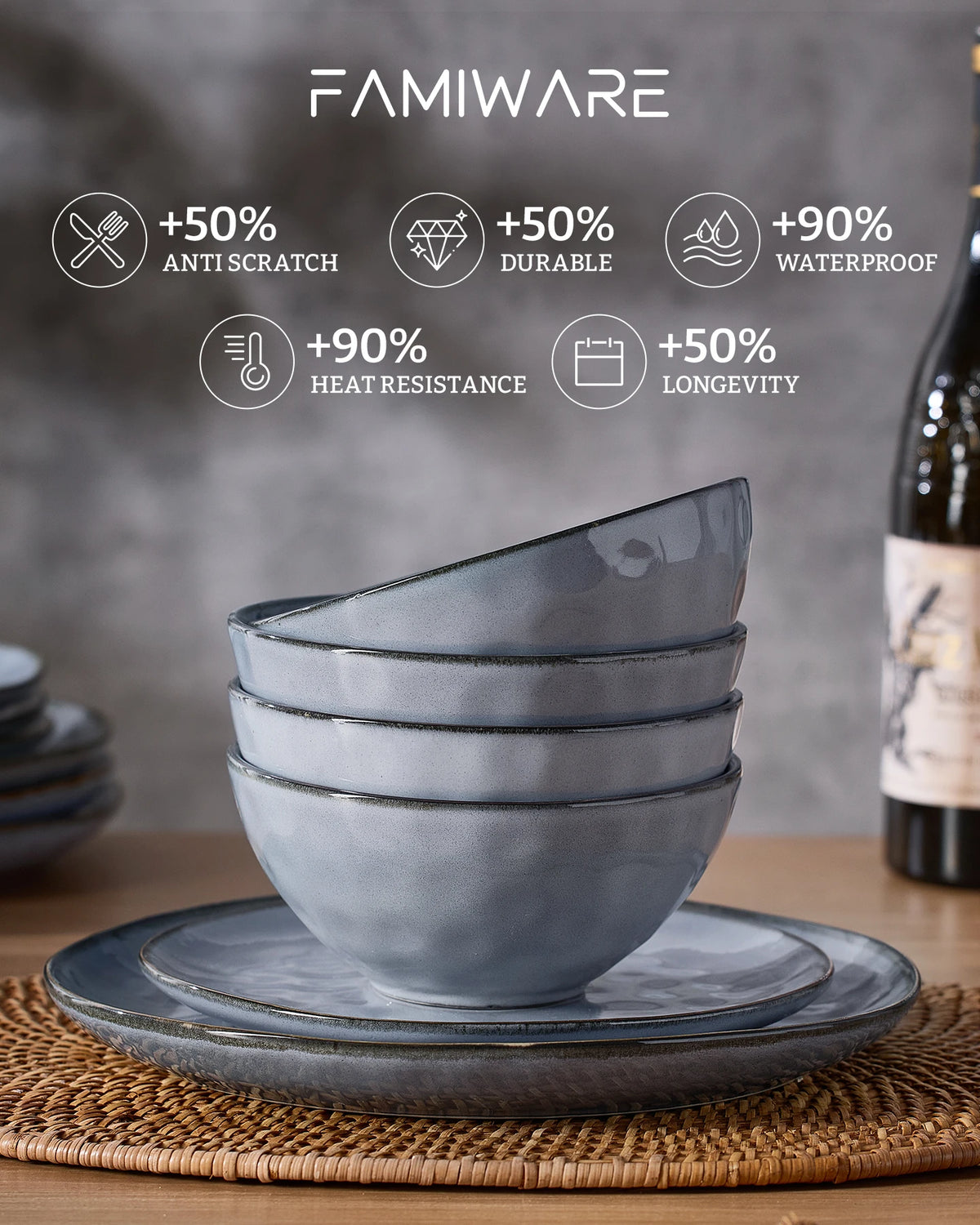 Famiware Ocean Round 12-Piece Stoneware Dinnerware Set, Service for 4