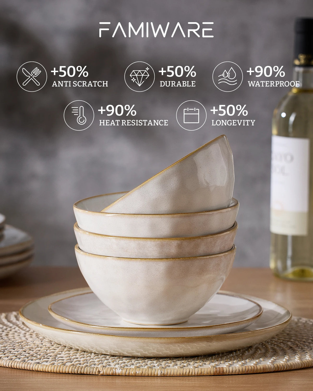 Famiware Ocean Round 12-Piece Stoneware Dinnerware Set, Service for 4