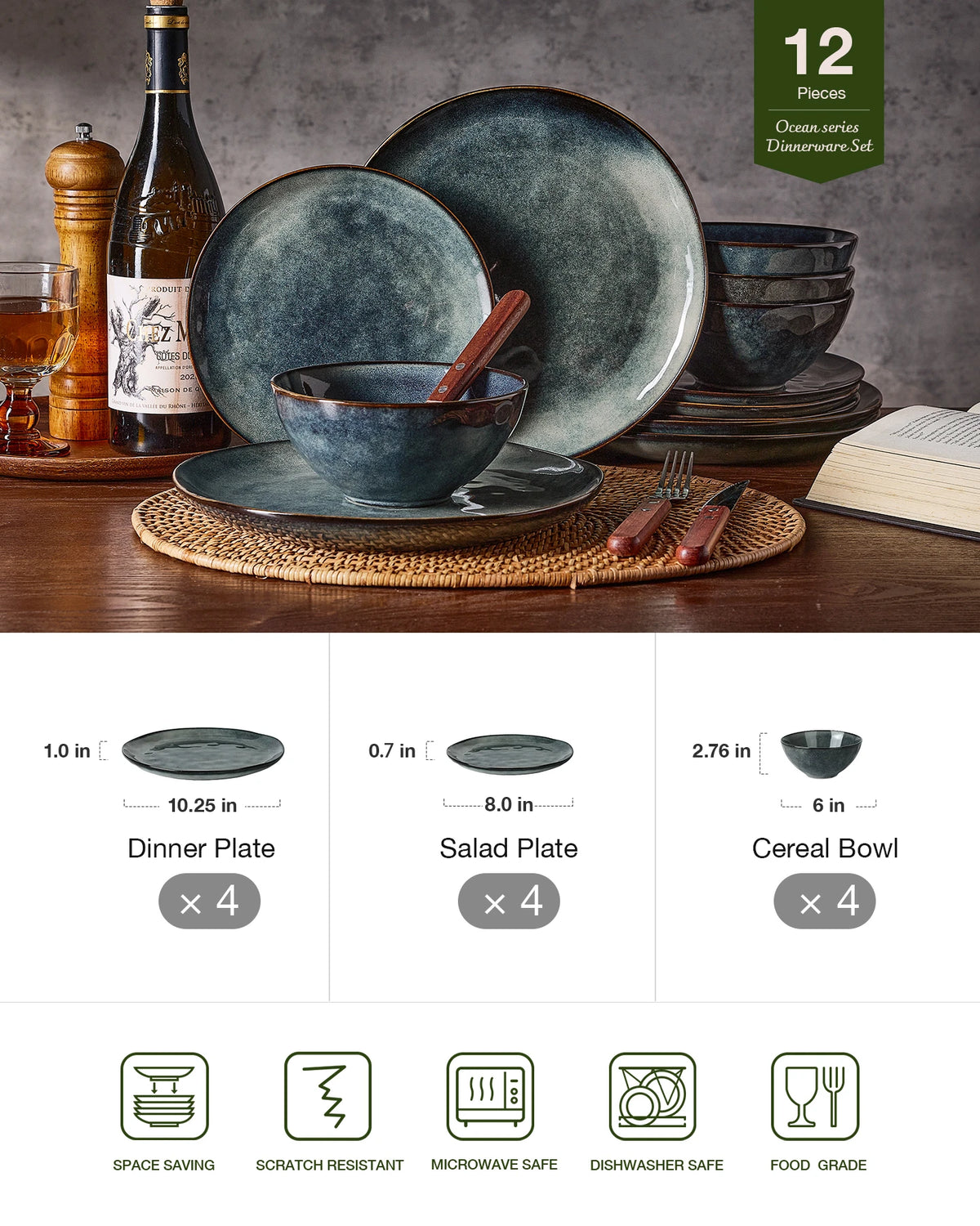 Famiware Ocean Round 12-Piece Stoneware Dinnerware Set, Service for 4