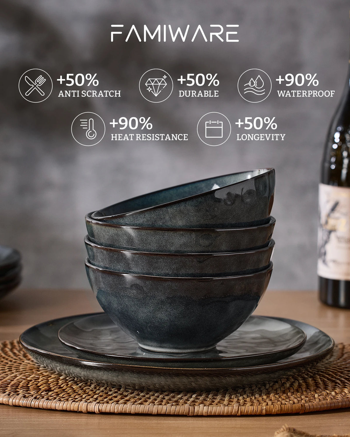 Famiware Ocean Round 12-Piece Stoneware Dinnerware Set, Service for 4