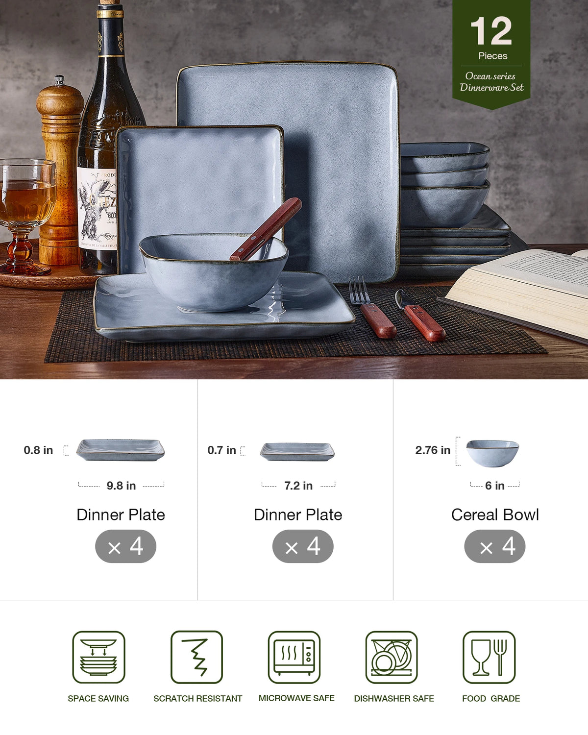 Famiware Ocean Square 12-Piece Stoneware Dinnerware Set, Service for 4