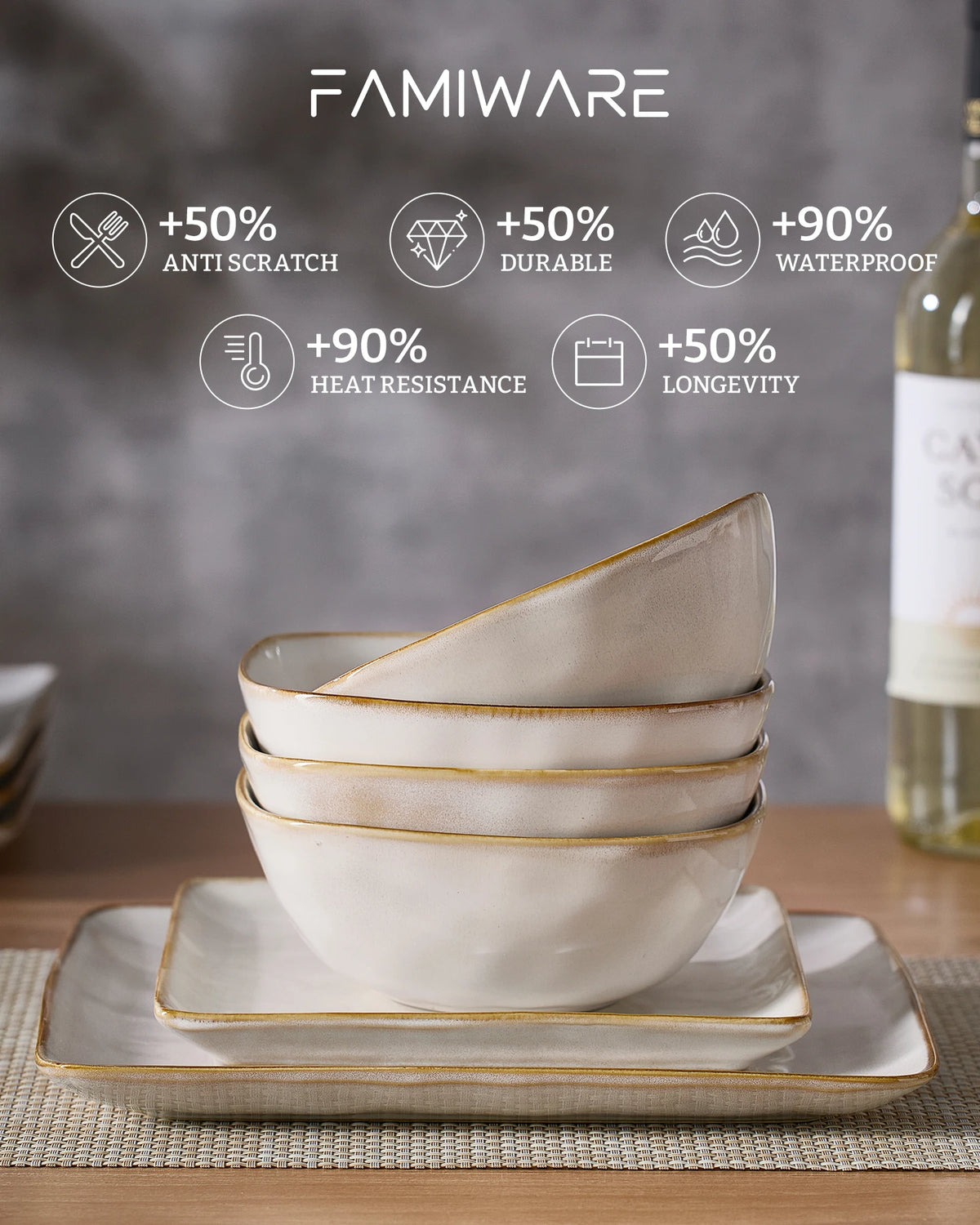 Famiware Ocean Square 12-Piece Stoneware Dinnerware Set, Service for 4