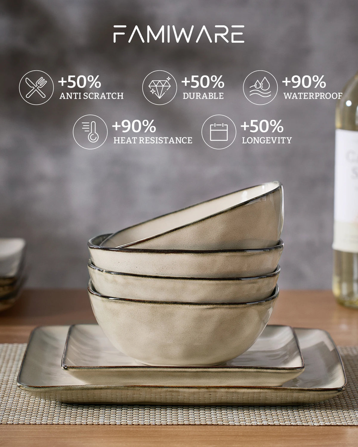 Famiware Ocean Square 12-Piece Stoneware Dinnerware Set, Service for 4